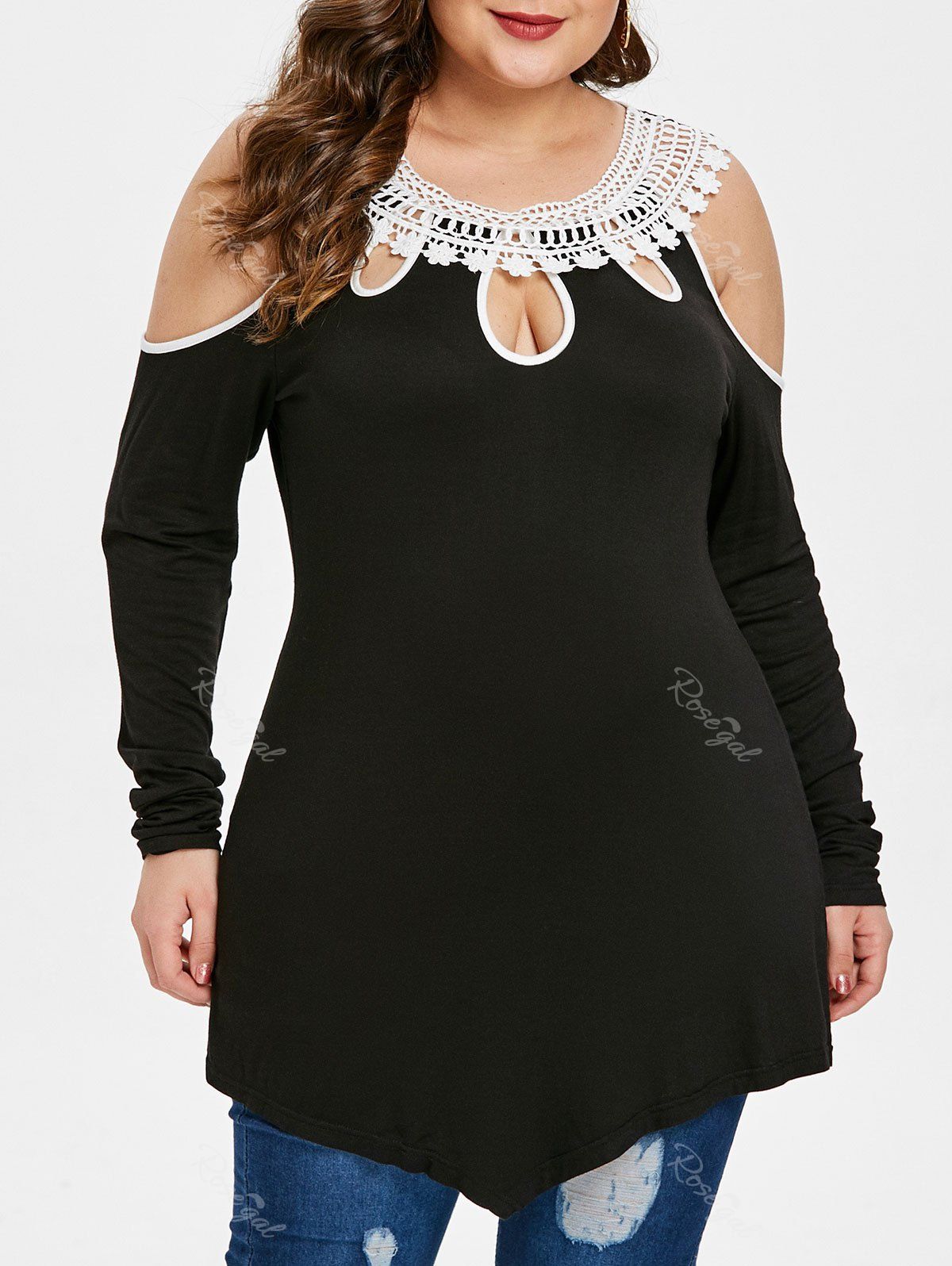 

Plus Size Open Shoulder Keyhole Lace Trim Asymmetric T-shirt, Black