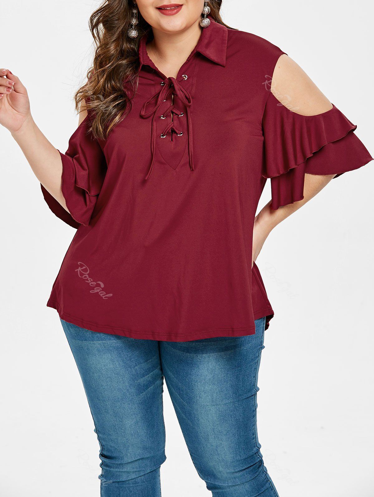

Plus Size Criss Cross Cold Shoulder Layered Ruffles Blouse, Red wine