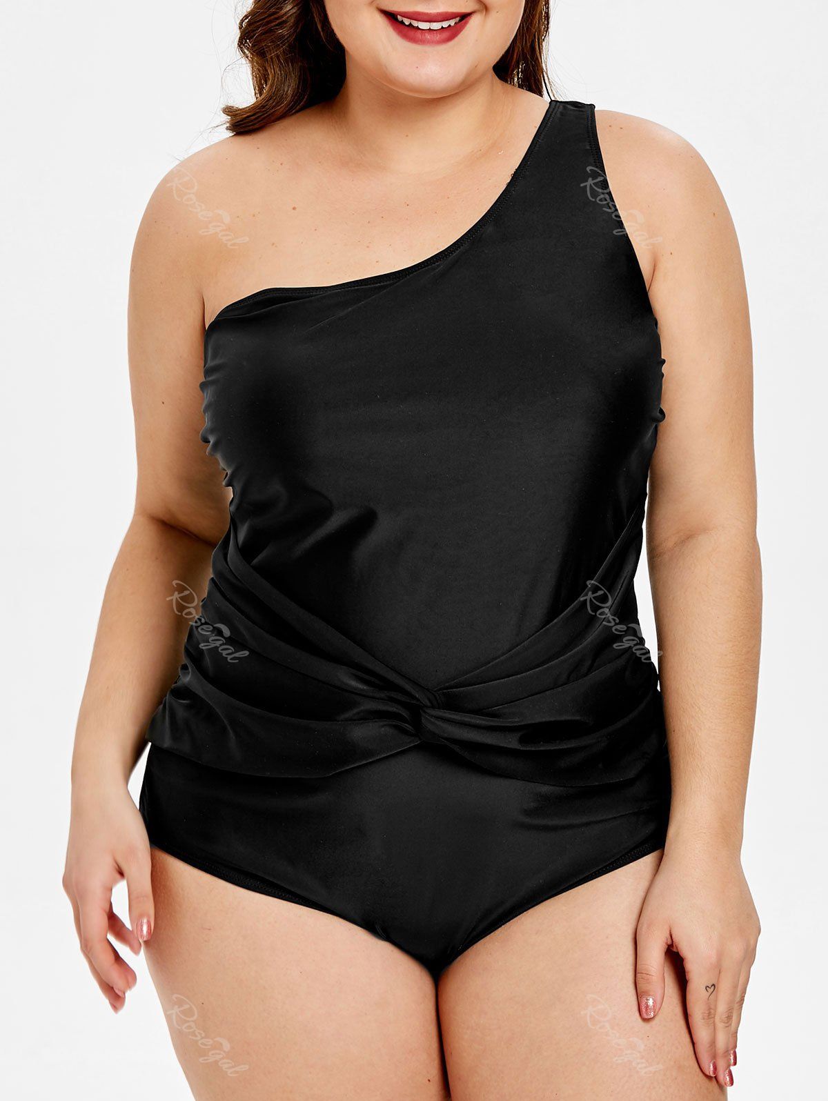 

One Piece One Shoulder Plus Size Swimsuit, Black