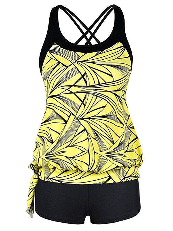 

Back Criss Cross Plus Size Printed Tankini Set, Multi