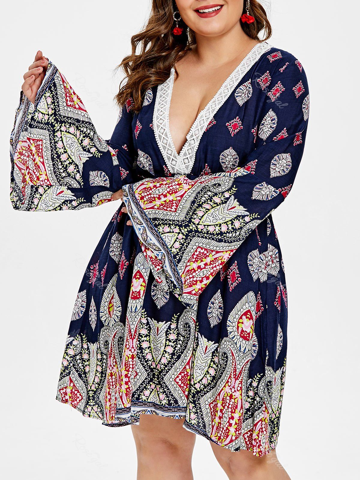 

Flare Sleeve Plus Size Printed Shift Dress, Cadetblue