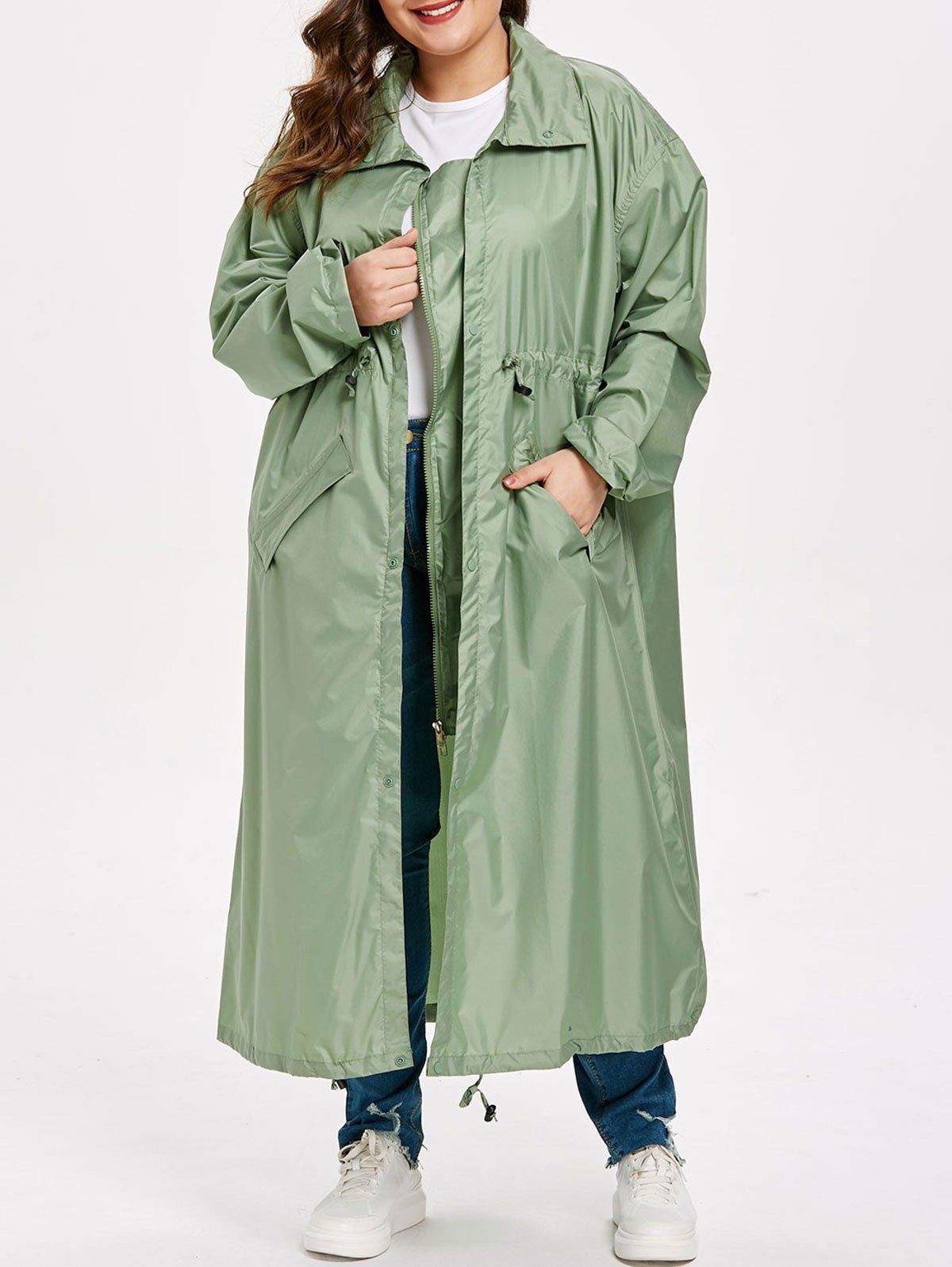 

Plus Size Longline Hooded Raincoat, Dark sea green