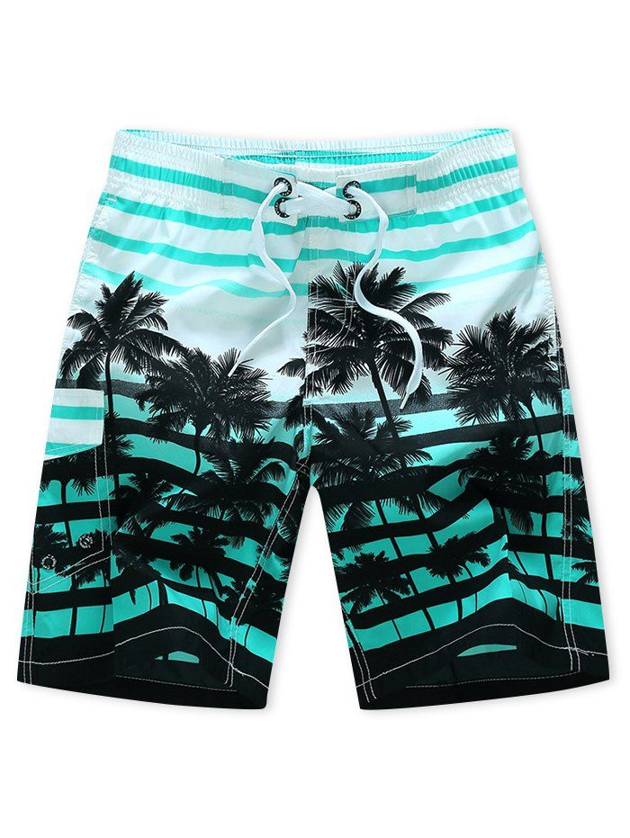 

Coconut Tree Stripes Print Casual Beach Shorts, Celeste
