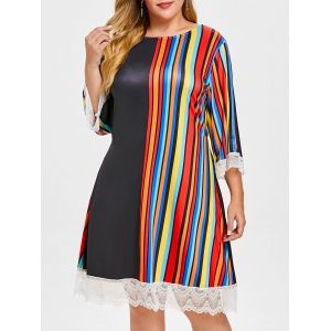 

Lace Panel Plus Size Striped Casual Dress, Black