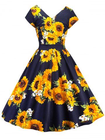 

Sunflower Print V Neck Vintage Dress, Goldenrod