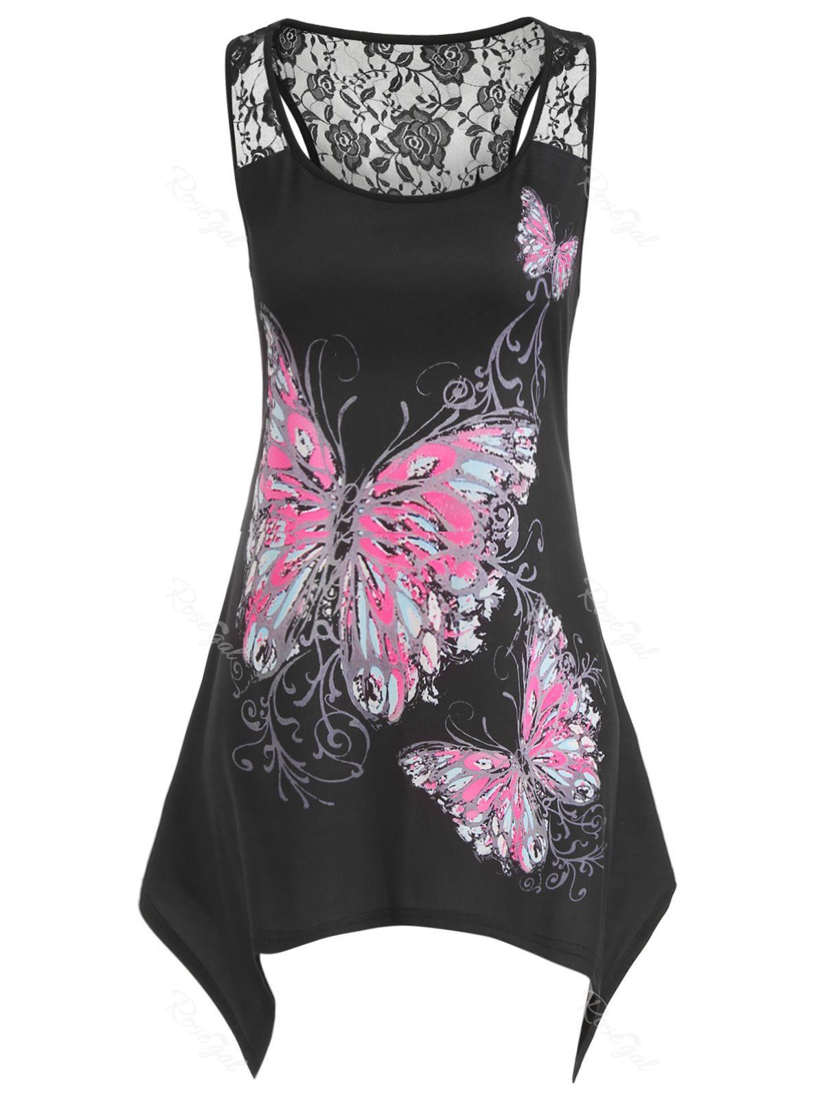 

Plus Size Butterfly Print Lace Panel Tank Top, Black