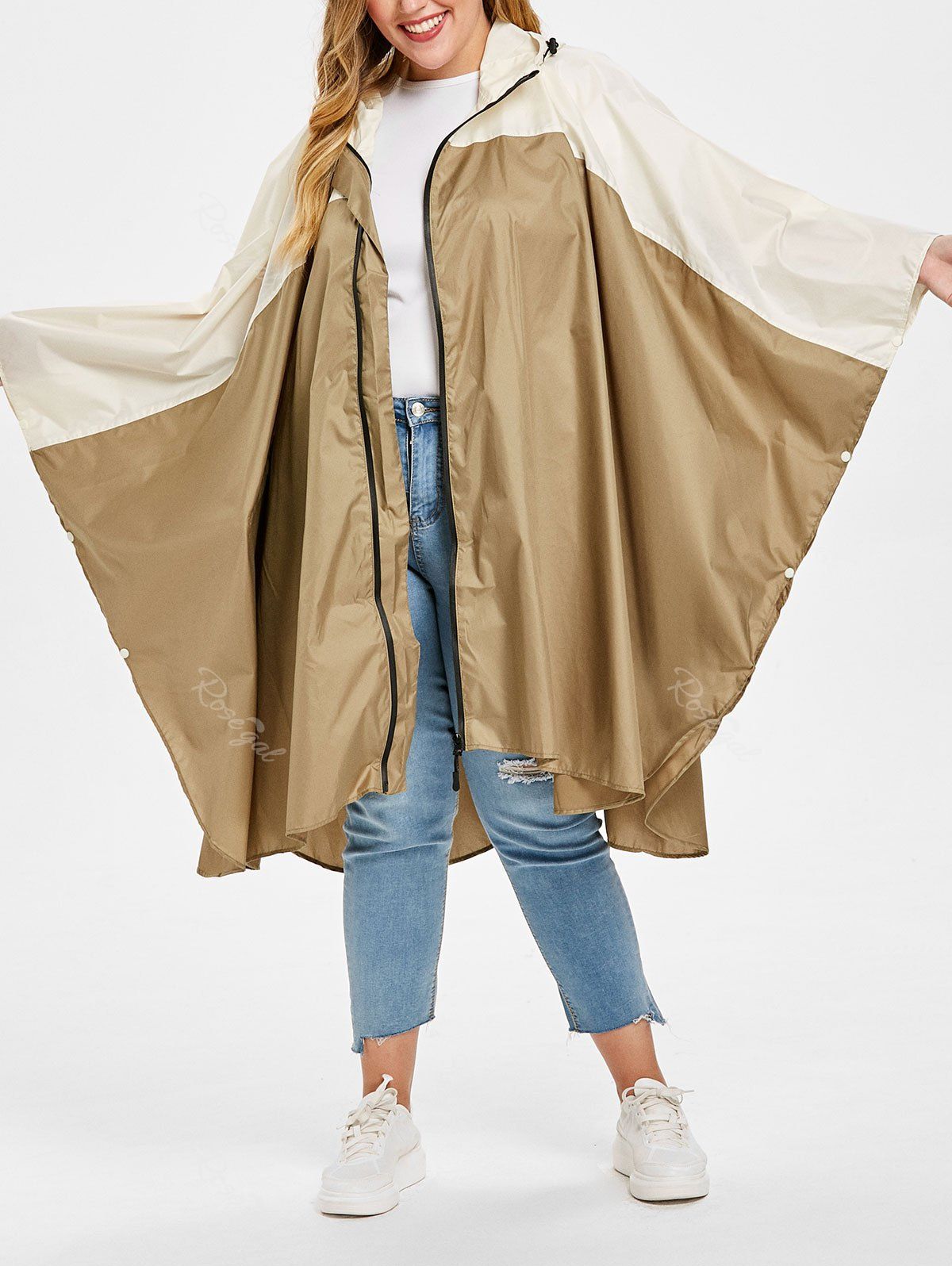 

Two Tone Plus Size Zip Up Raincoat, Khaki