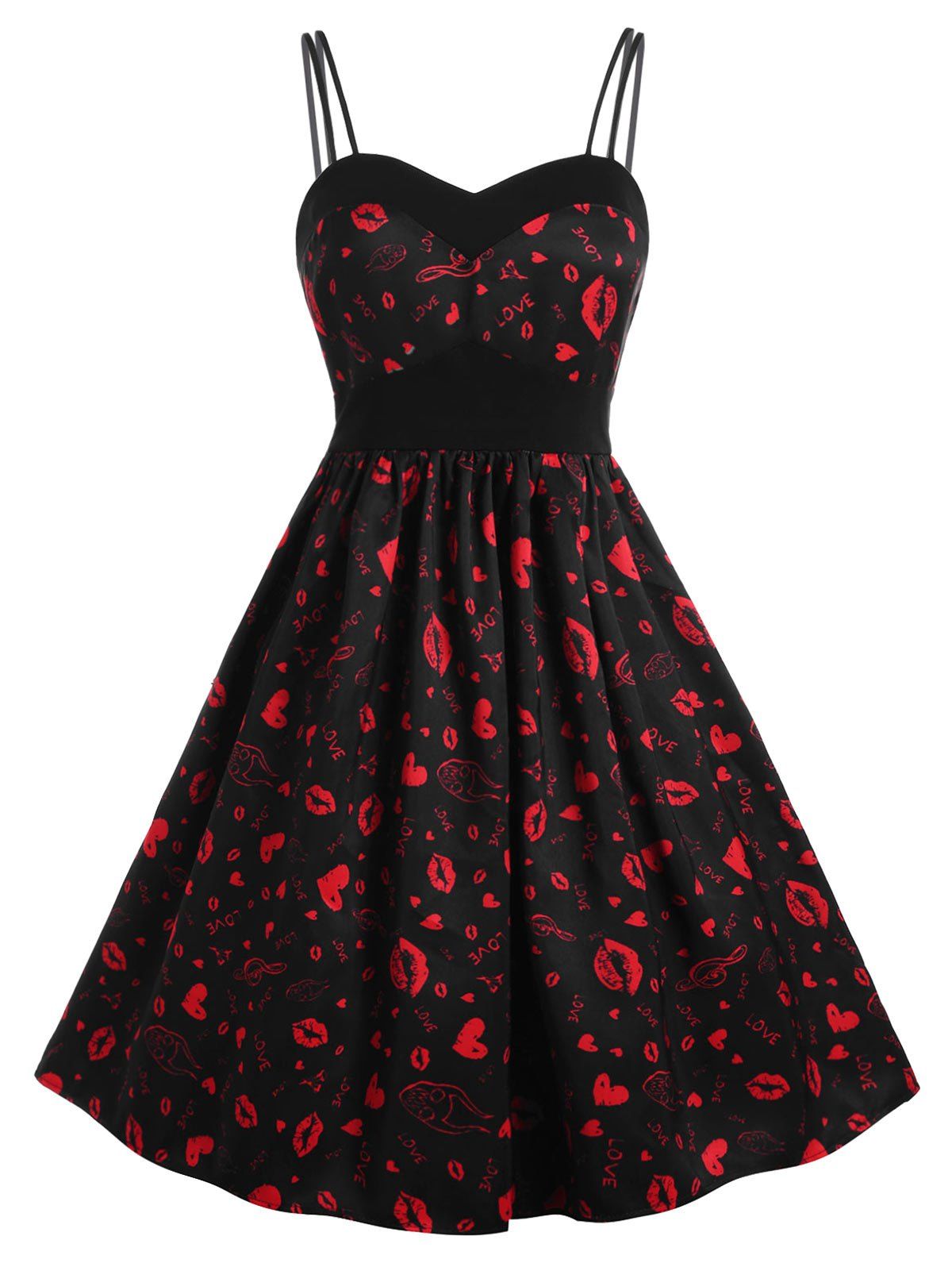 

Lips Print Sweetheart Neck Vintage Dress, Red