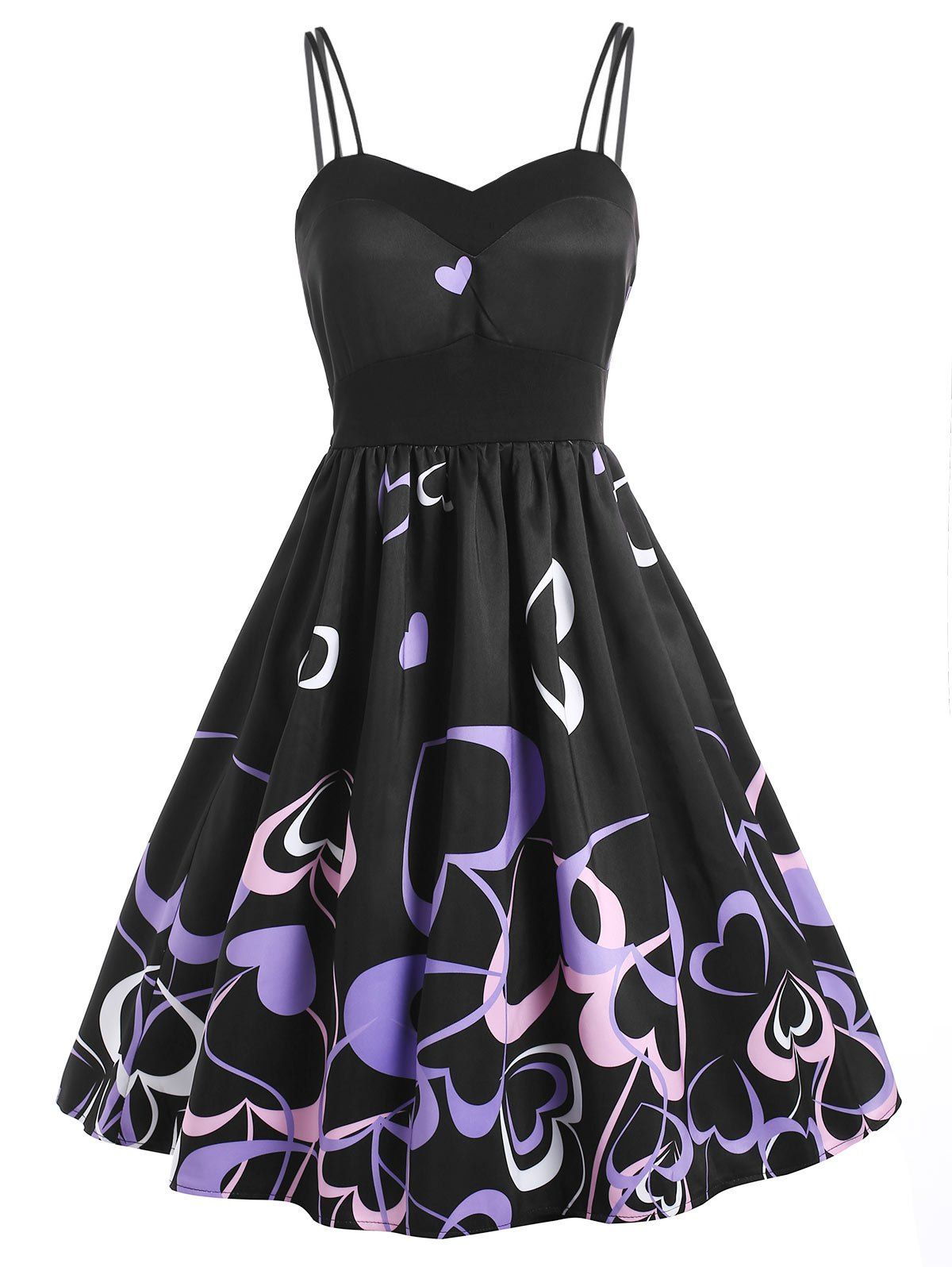 

Heart Print Spaghetti Strap A Line Dress, Black