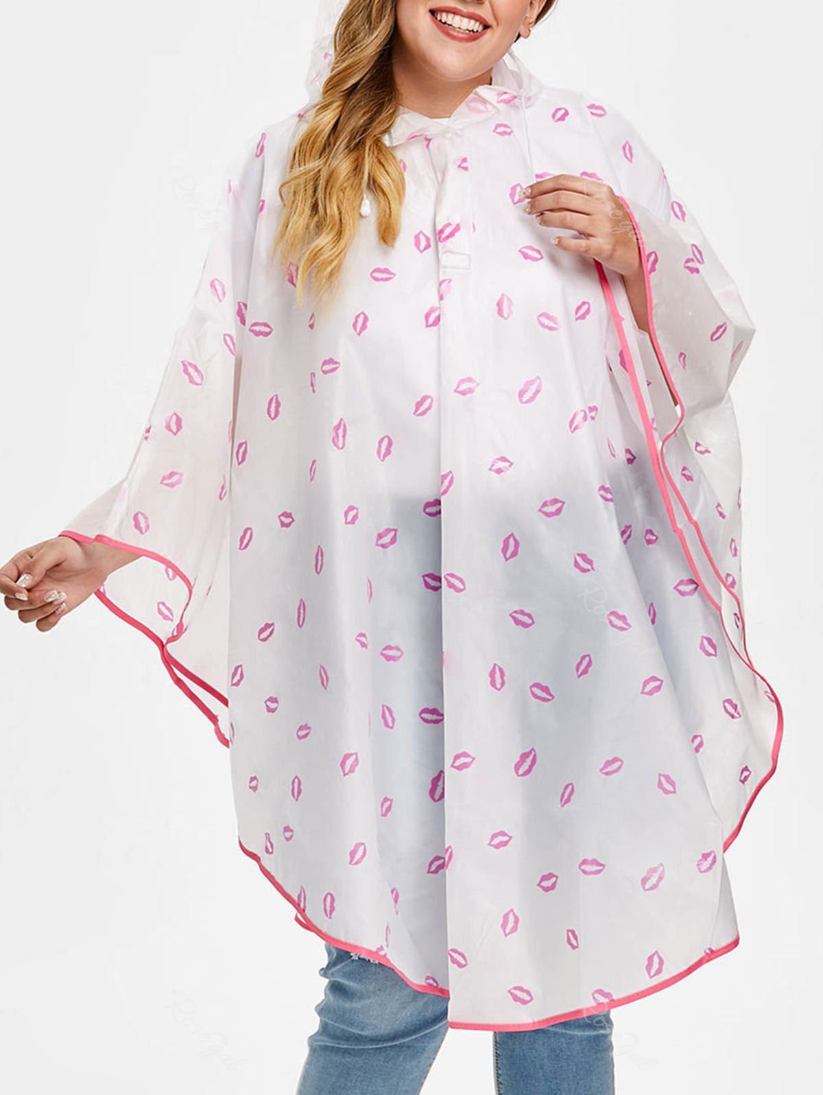

Lip Print Plus Size See Through Raincoat, Sakura pink