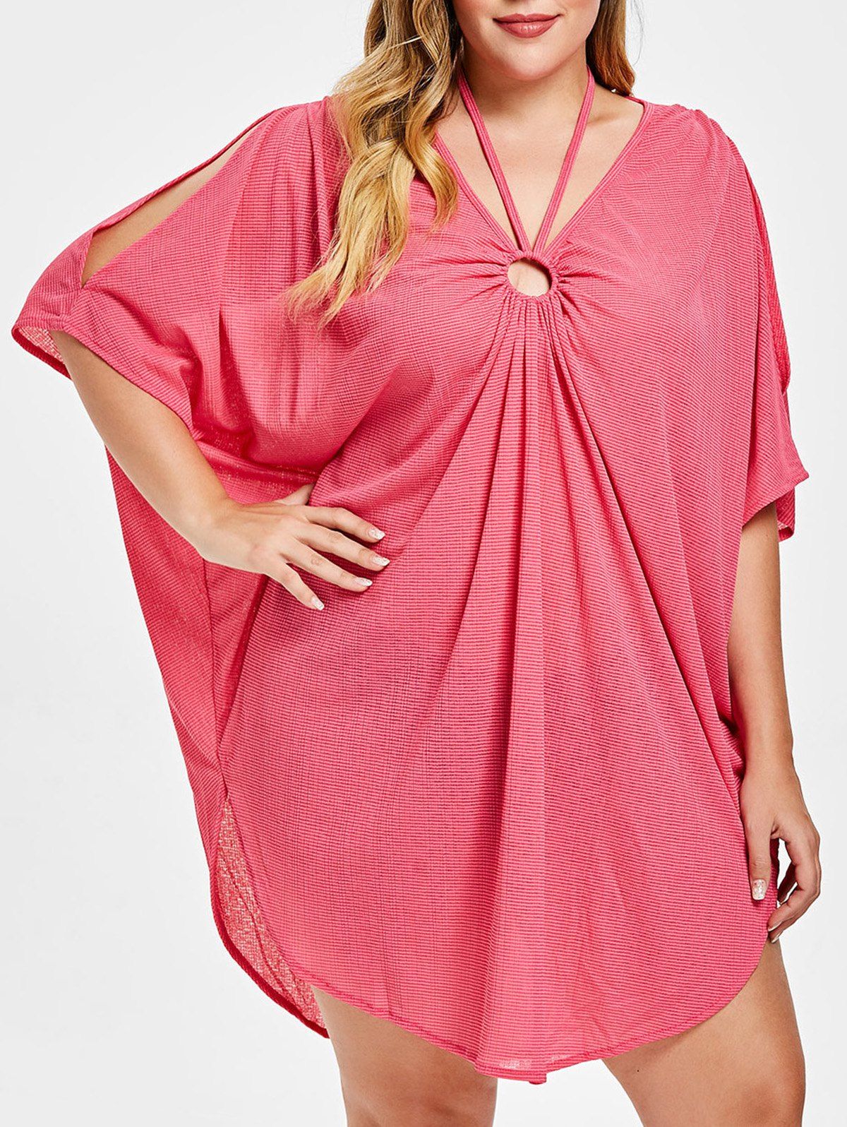 

Plus Size Batwing Pullover Tunic Cover Up, Rose red