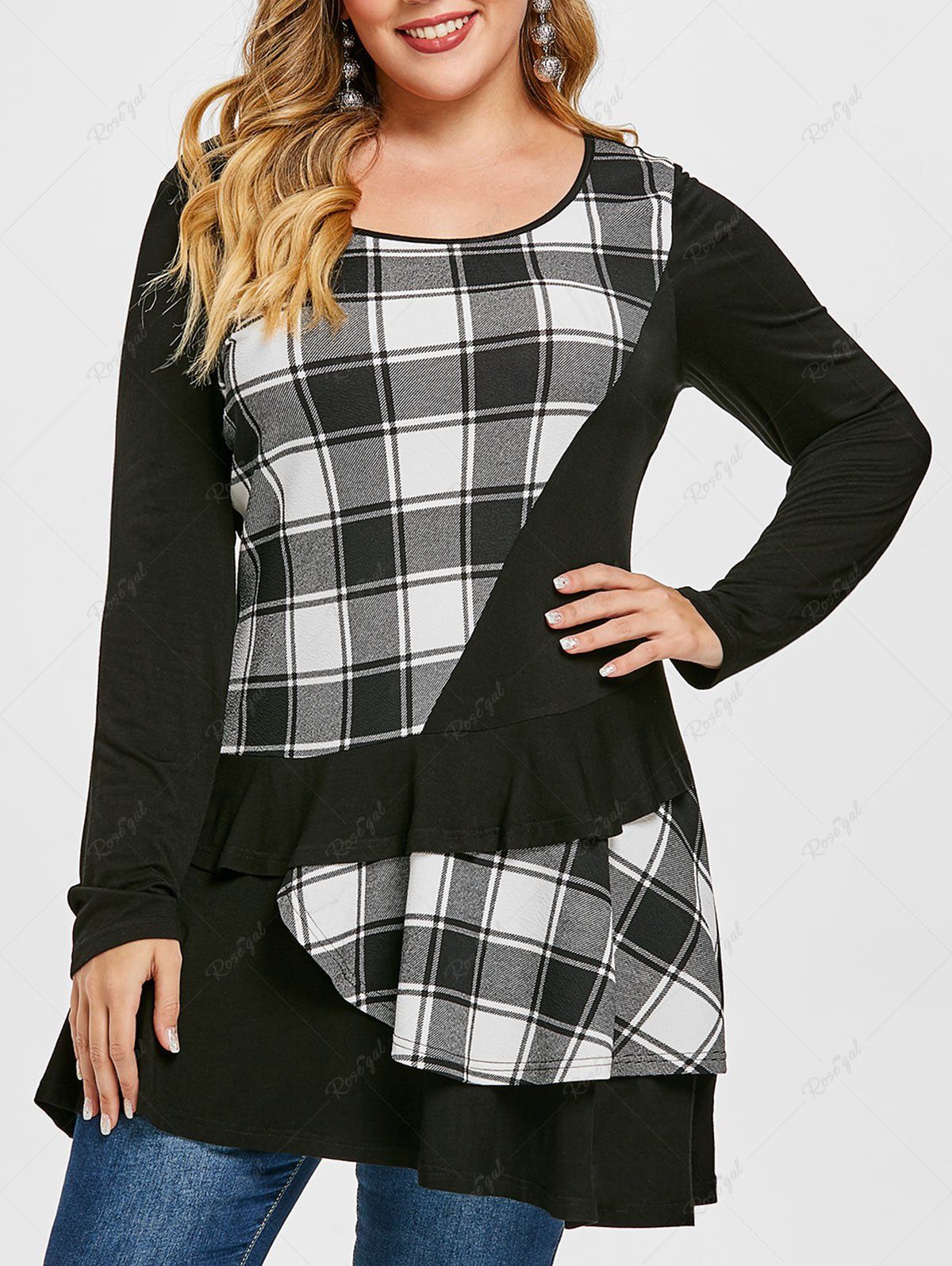 

Plus Size Plaid Layered Ruffle T-shirt, Black
