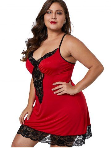 

Leopard Lace Hem See Through Plus Size Babydoll, Red