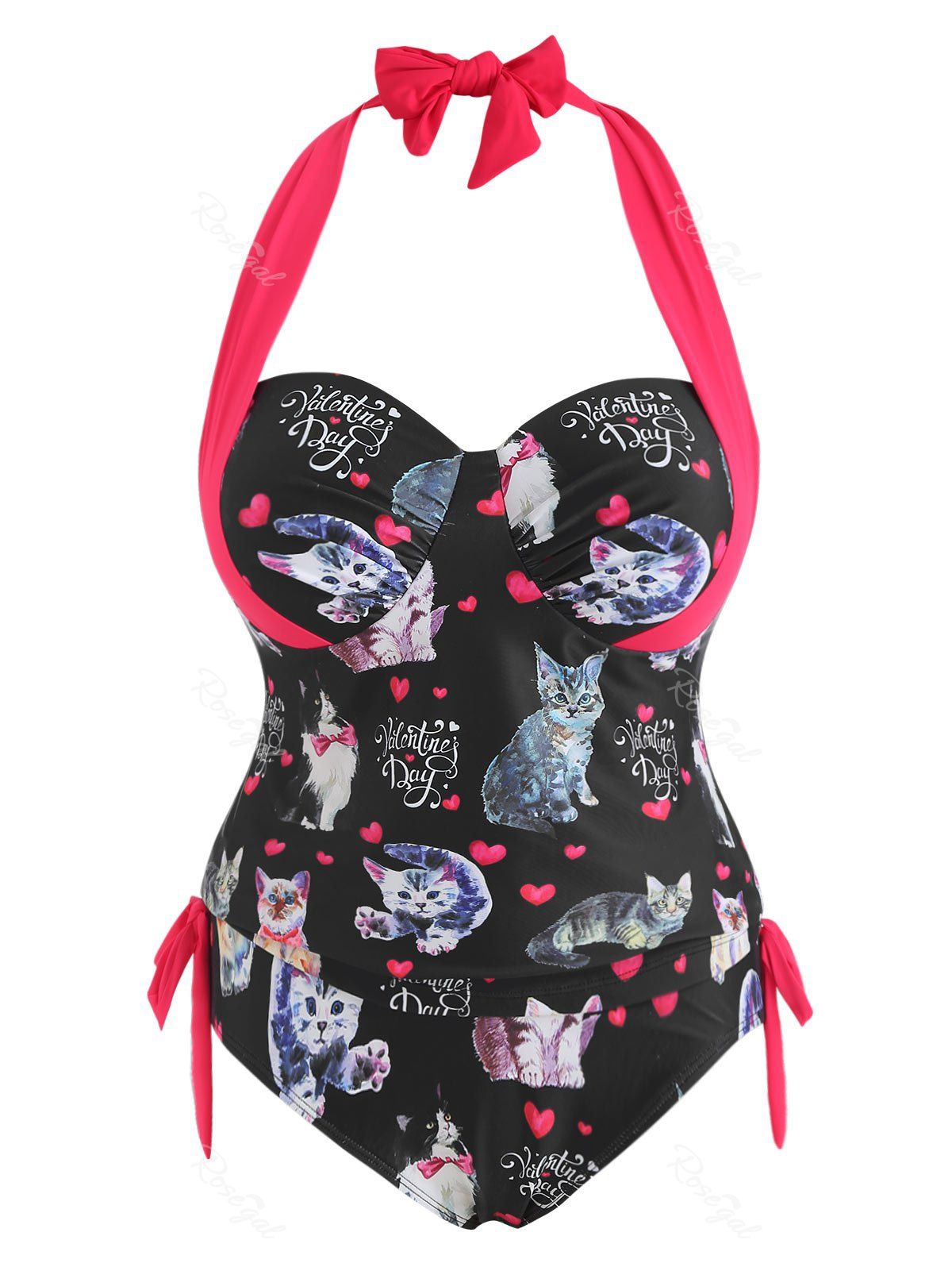 

Halter Neck Printed Plus Size Valentine Tankini Set, Black