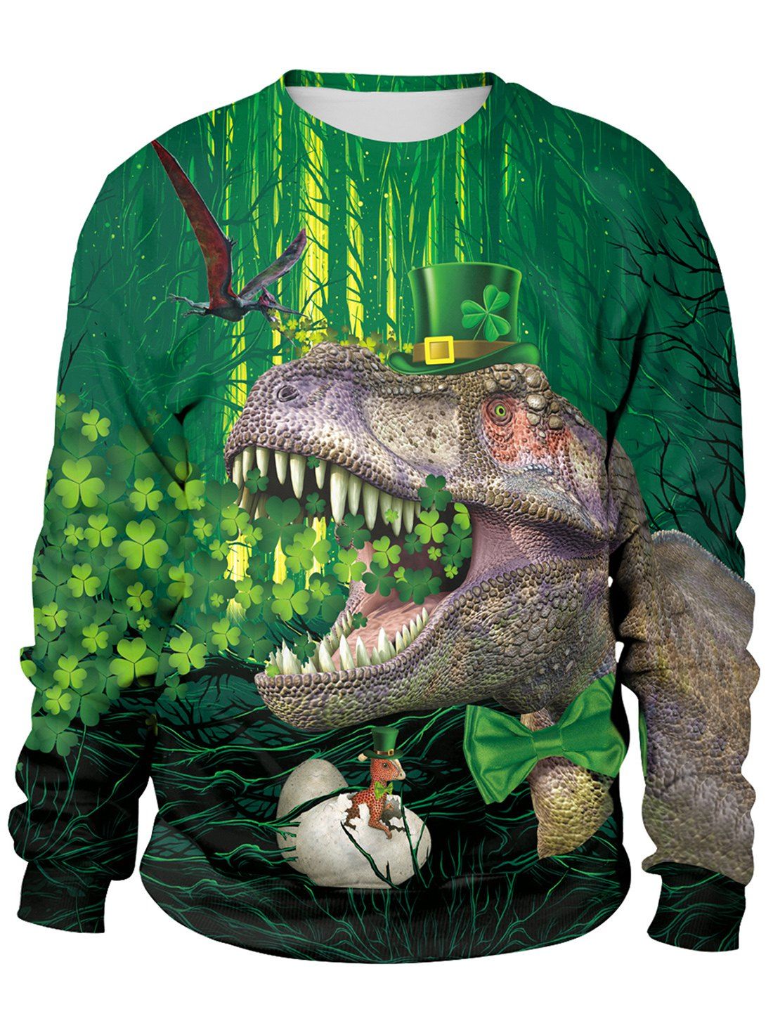 

3D Plant and Dinosaur Printed Pullover Sweatshirt, Medium forest green