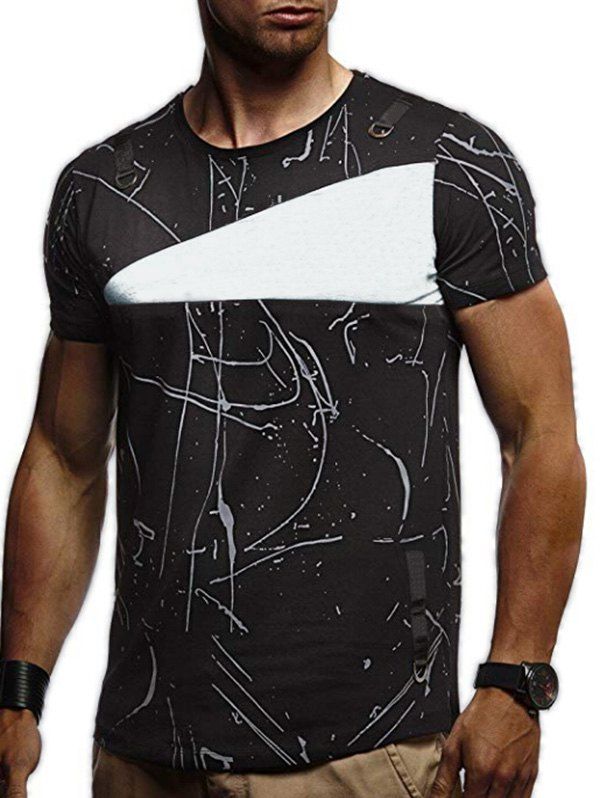 

Short Sleeves Lines Panel Casual T Shirt, Black