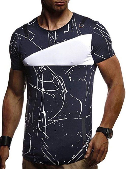 

Short Sleeves Lines Panel Casual T Shirt, Midnight blue