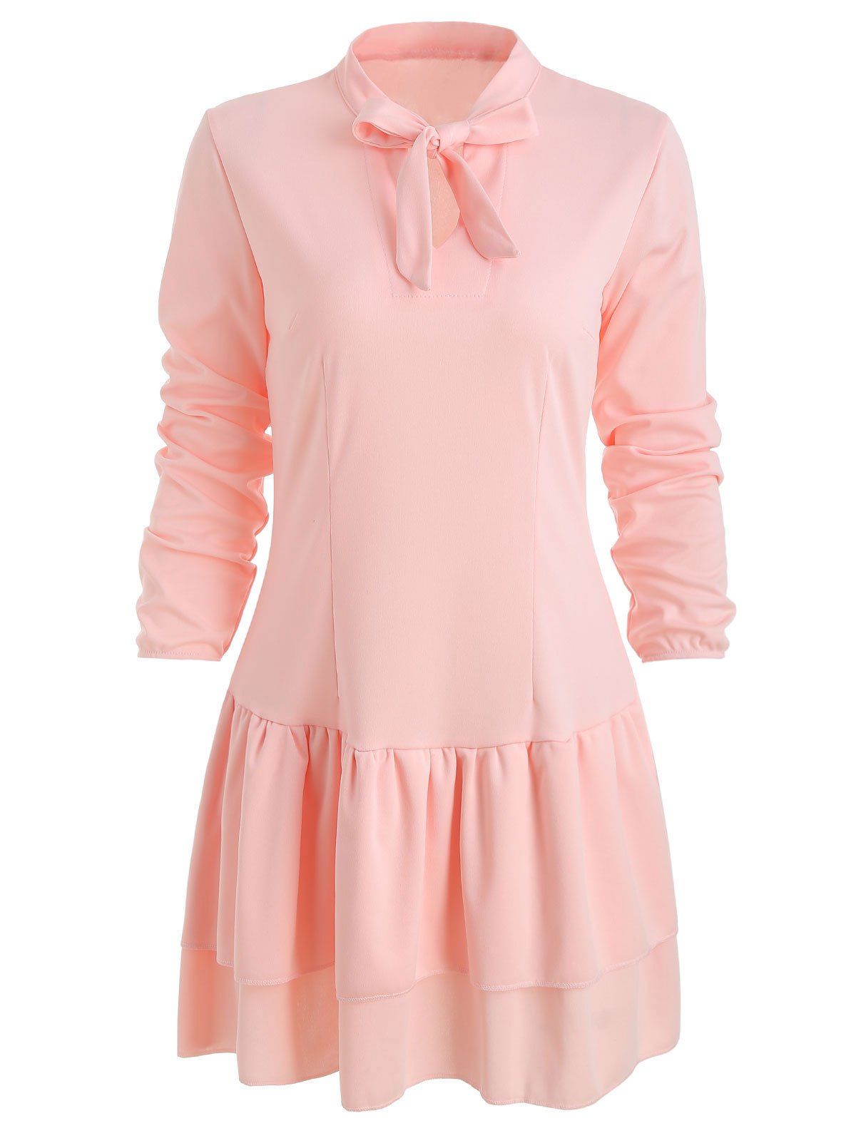 

Long Sleeve Tie Neck Layered Dress, Pink