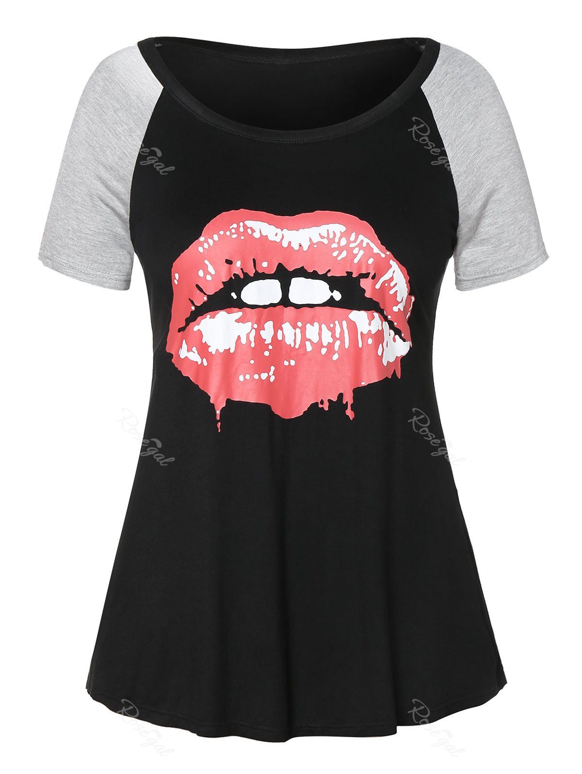 

Plus Size Raglan Sleeve Lip Print T Shirt, Black