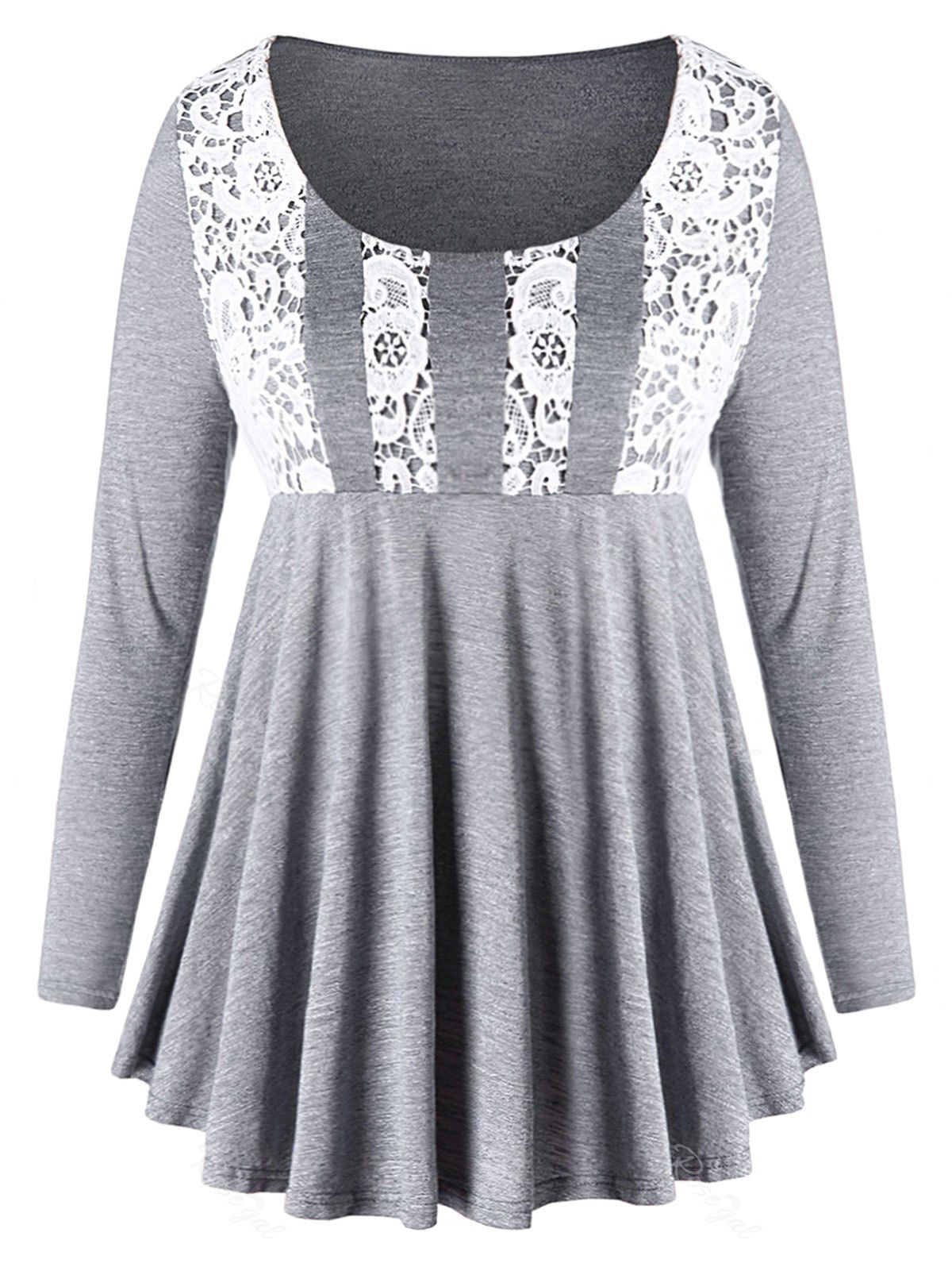 

Plus Size Long Sleeve Lace Panel T-shirt, Gray