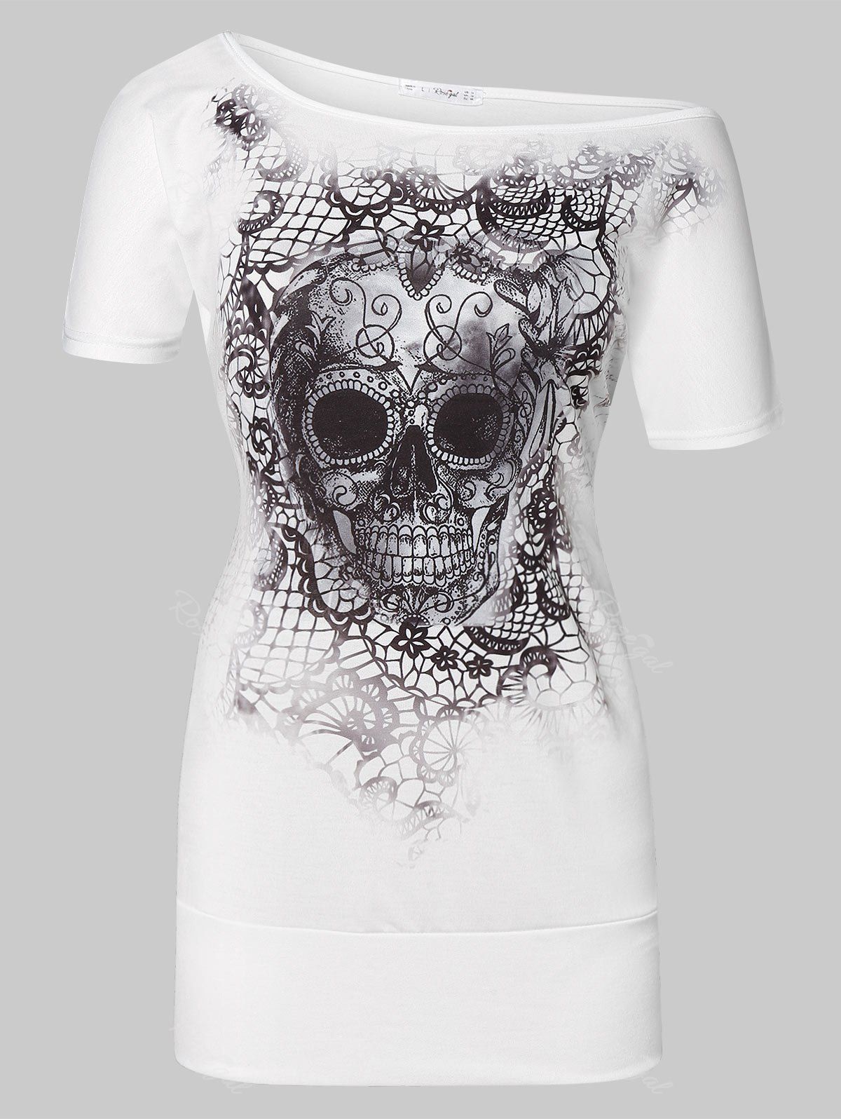 

Floral Skull Print Skew Neck Plus Size T-shirt, White