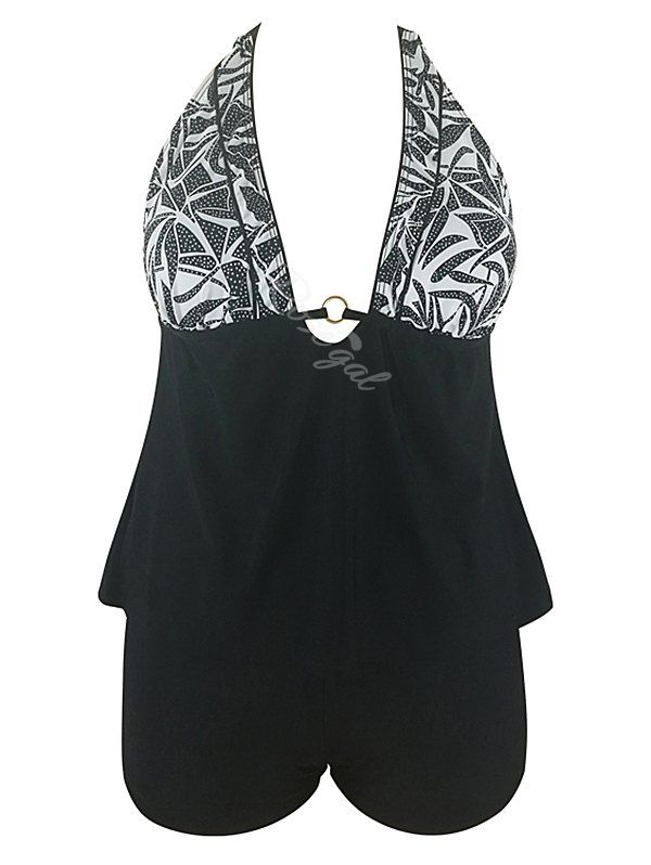 

Halter Neck Printed Plus Size Tankini Set, Black