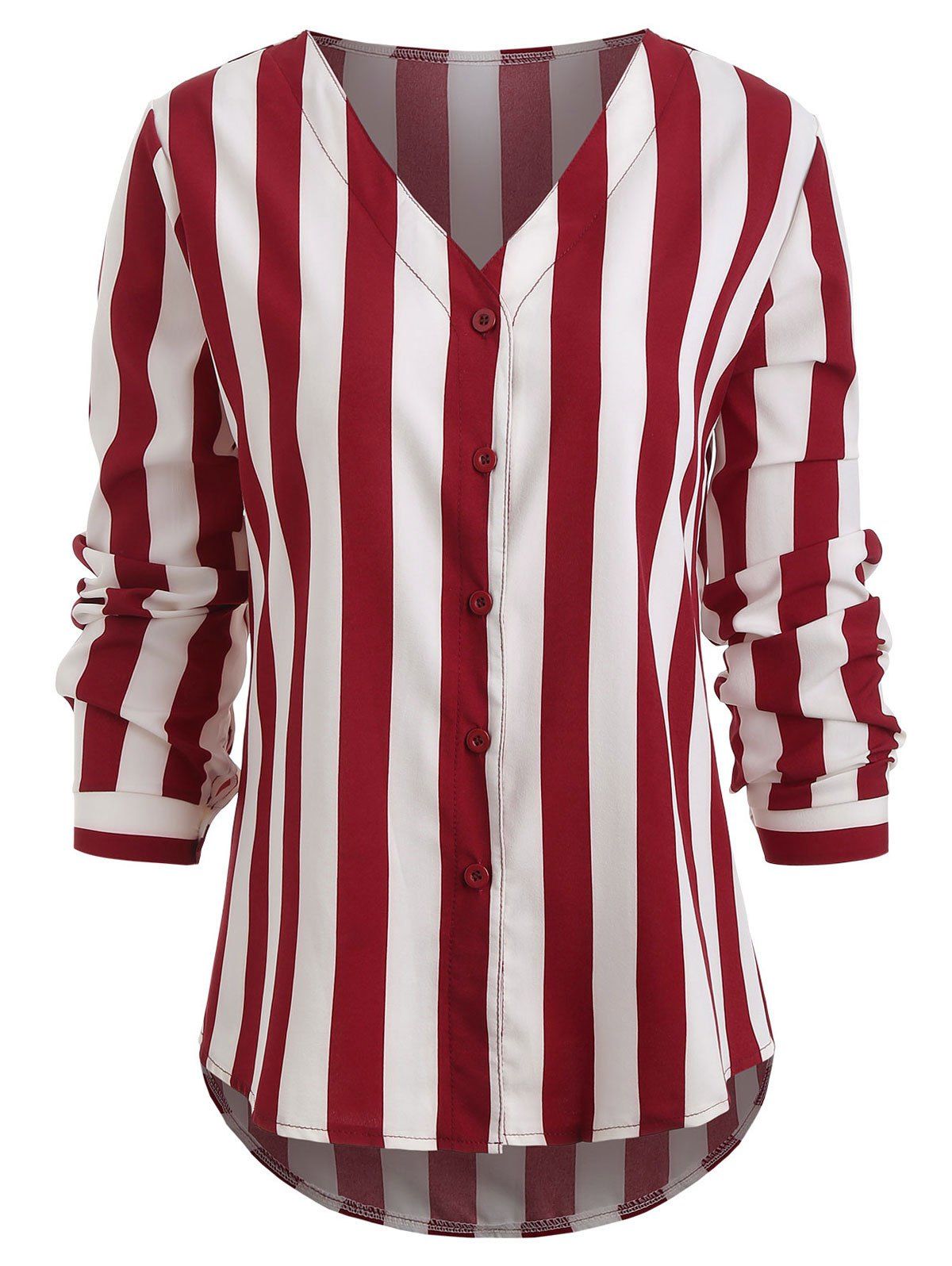 

V Neck Button Up Striped Print Shirt, Red