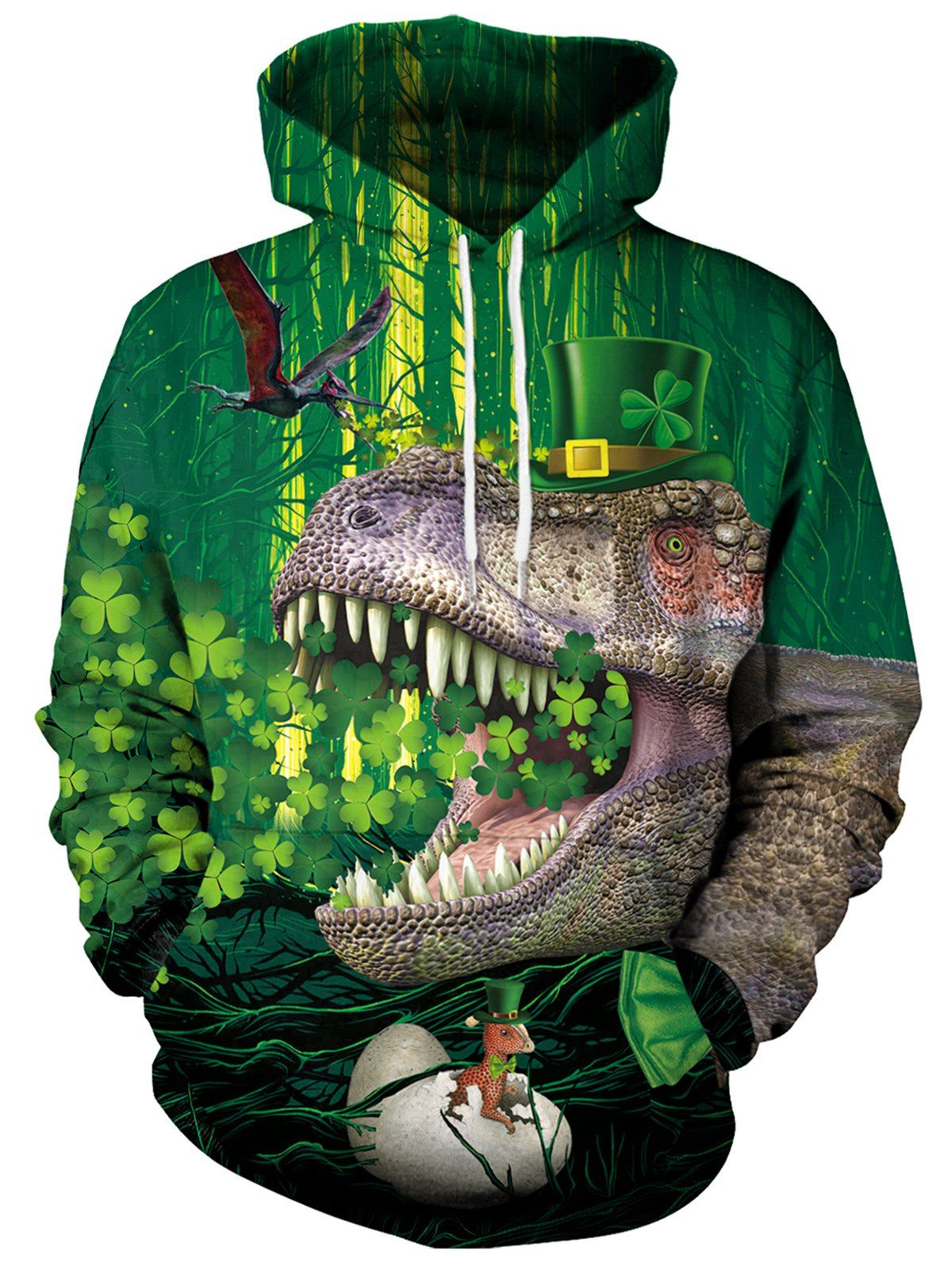 

3D Dinosaur Printed Pullover Hoodie, Dark forest green