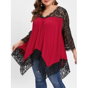 

Plus Size Floral Lace Panel Asymmetrical Blouse, Red wine