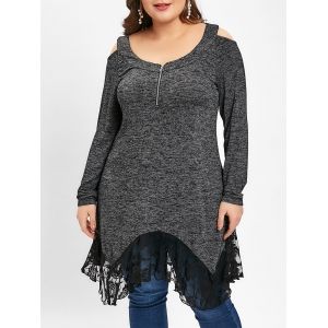 

Plus Size Lace Splicing Irregular Hem T-shirt, Black