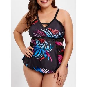 

Leaf Print Plus Size Mesh Panel Tankini Set, Black