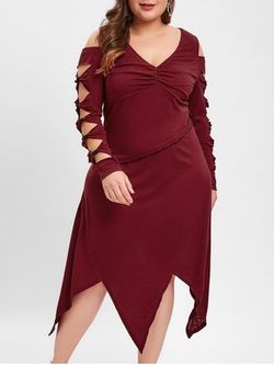 Plus Size Cut Out Knotted Handkerchief Dress - RED WINE - L