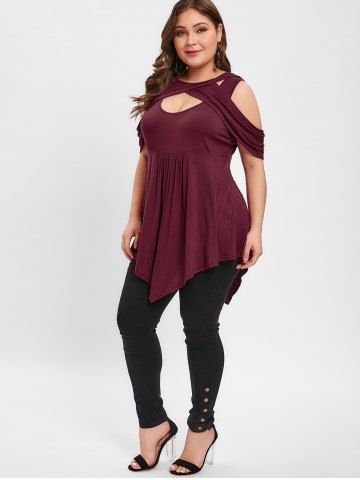 

Front Cut Out Plus Size Cold Shoulder T-shirt, Red wine