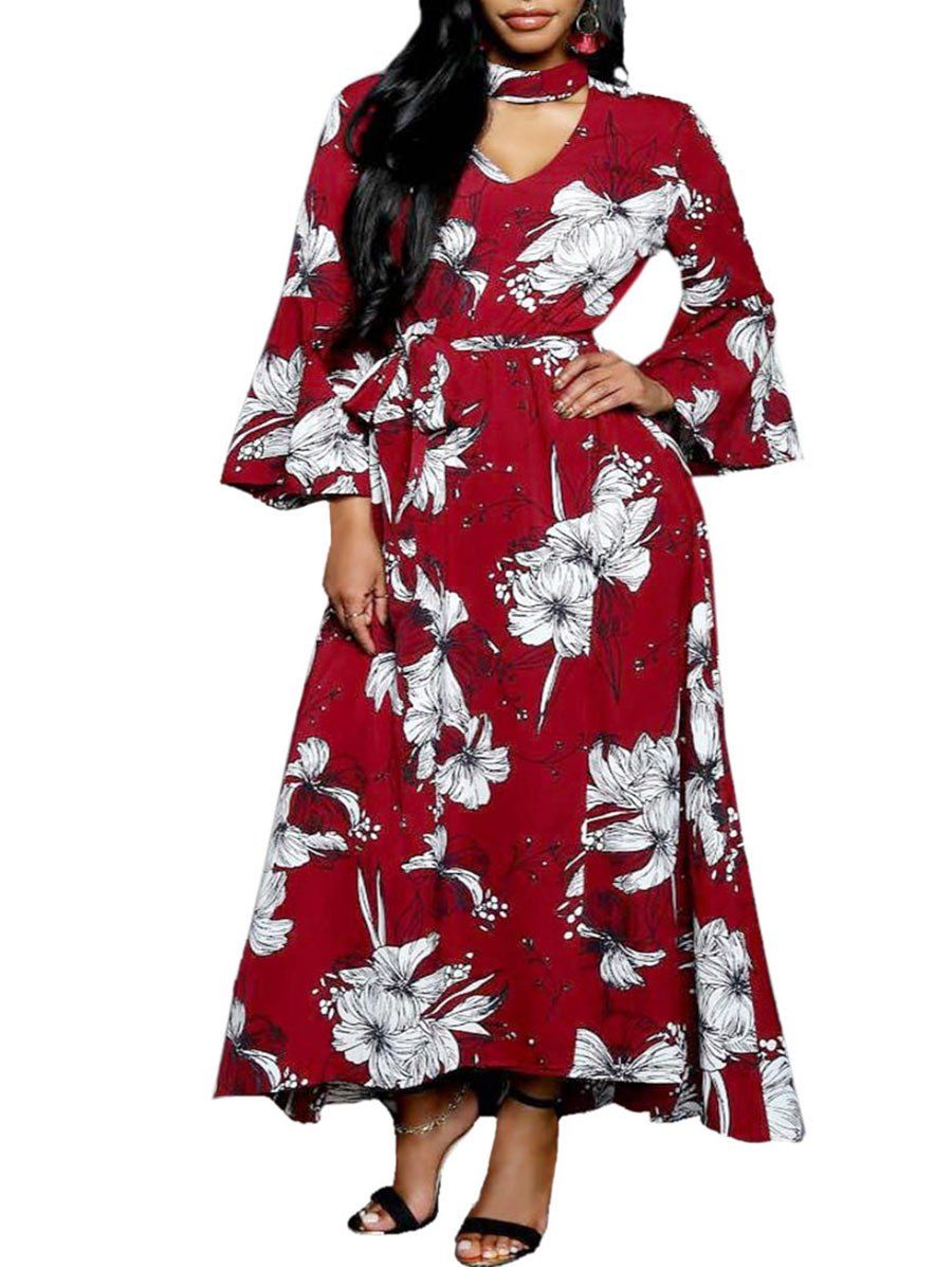 

Flare Sleeve Floral Print Cut Out Dress, Red