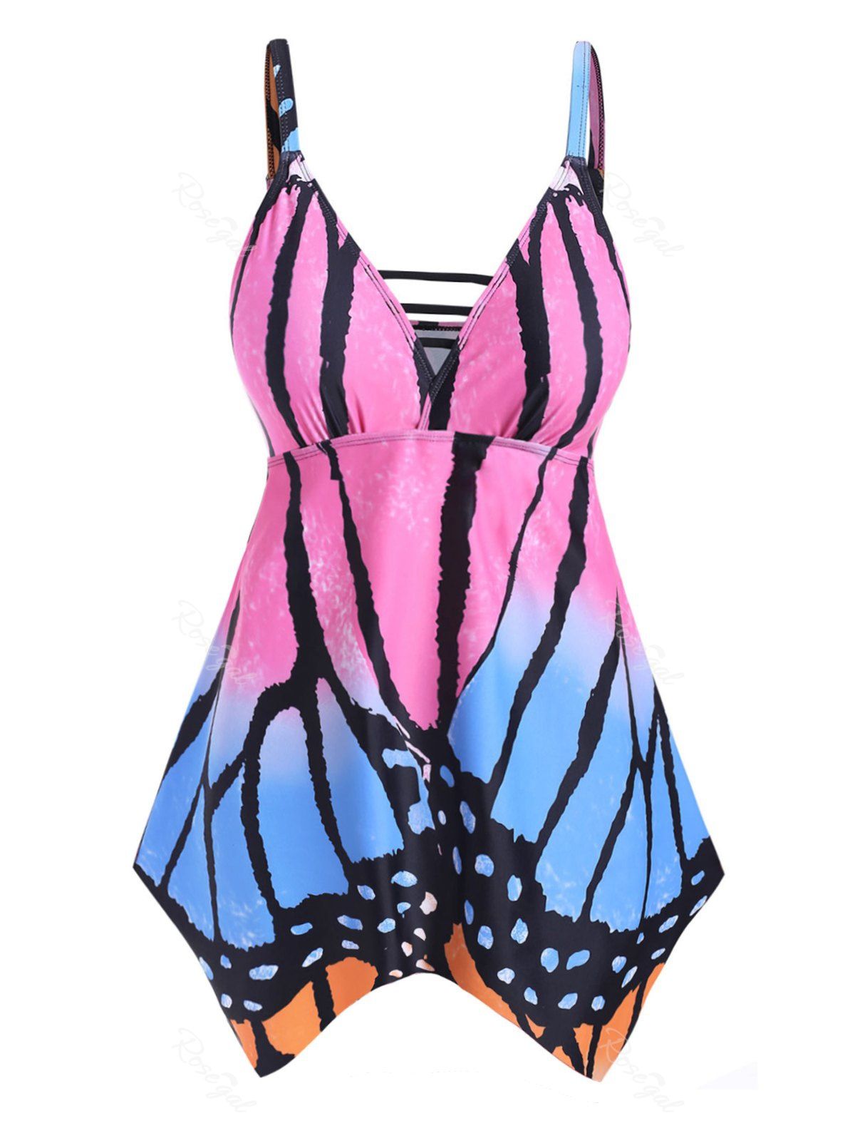 

Butterfly Print Spaghetti Strap Plus Size Tankini Set, Hot pink
