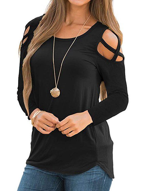 Online Long Sleeve Cut Out Solid Top  