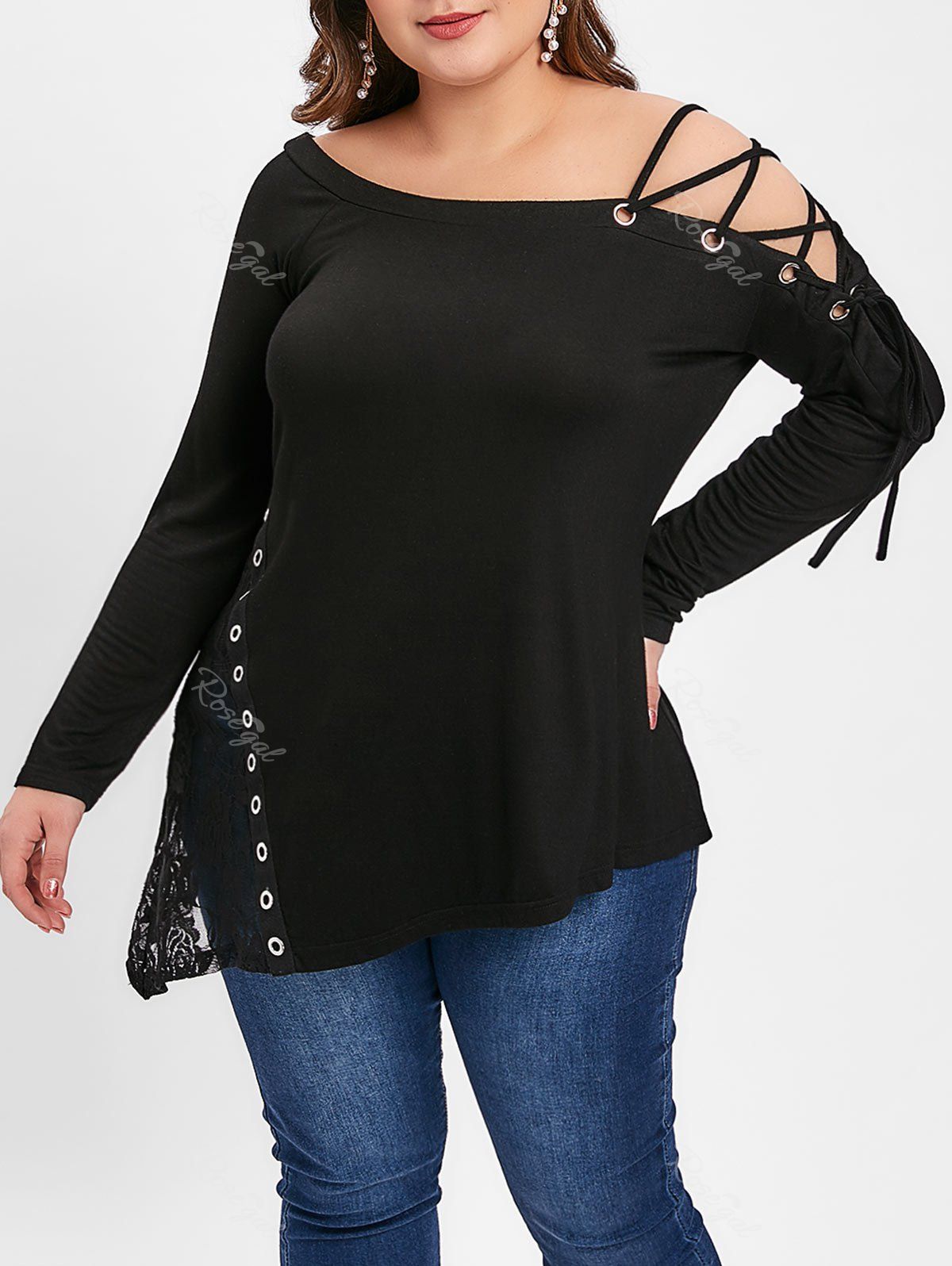 

Plus Size Asymmetric Skew Neck Lace Up T-shirt, Black