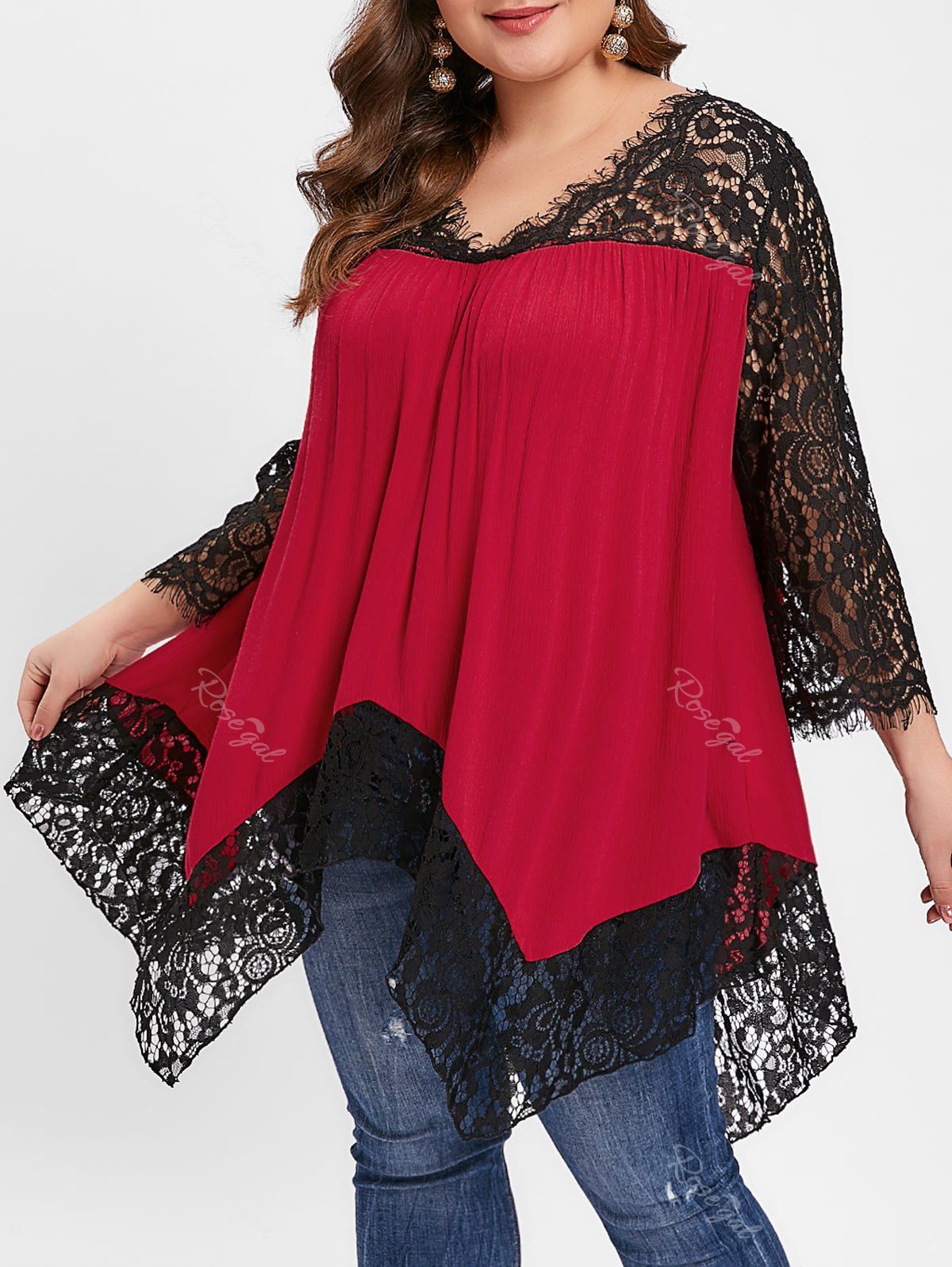 

Plus Size Floral Lace Panel Asymmetrical Blouse, Red wine