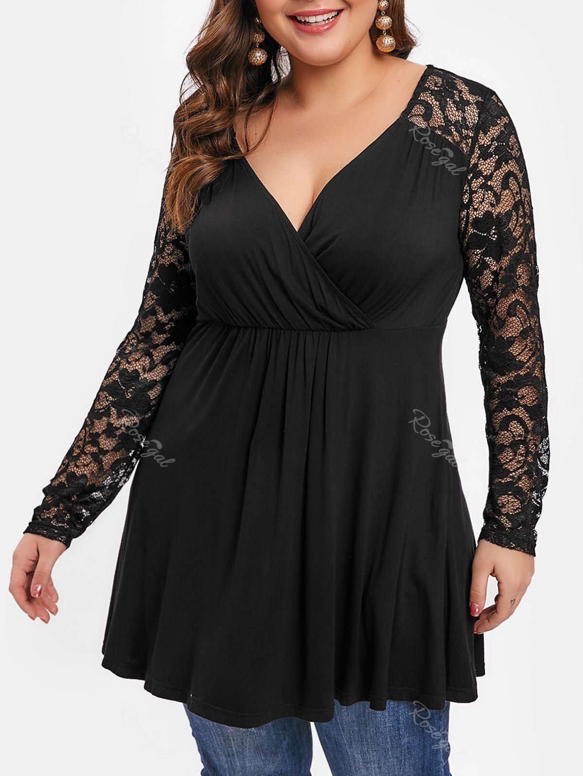 

Plus Size Lace Panel Empire Waist T-shirt, Black