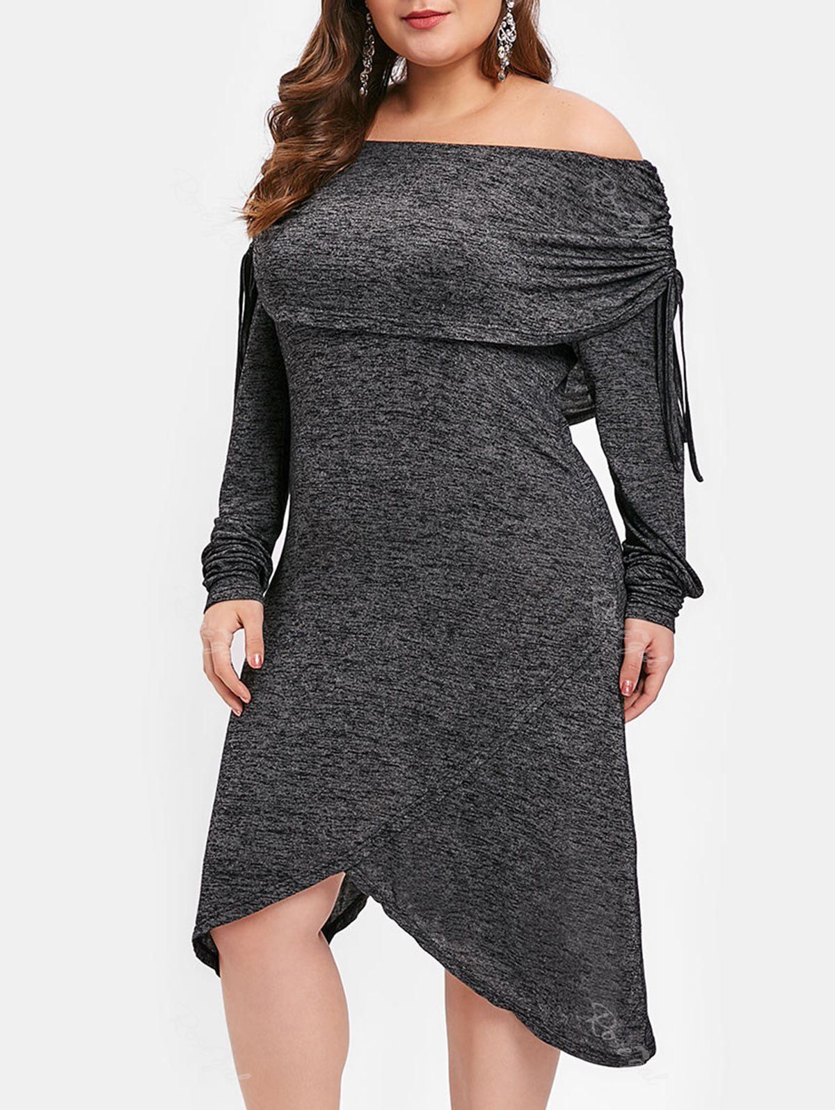 

Plus Size Cinched Long Sleeves Asymmetric Dress, Carbon gray