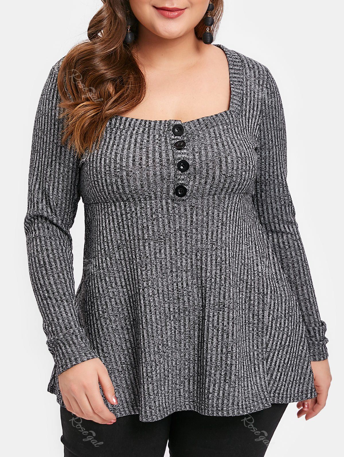

Plus Size Buttoned Square Neck Draped Sweater, Gray