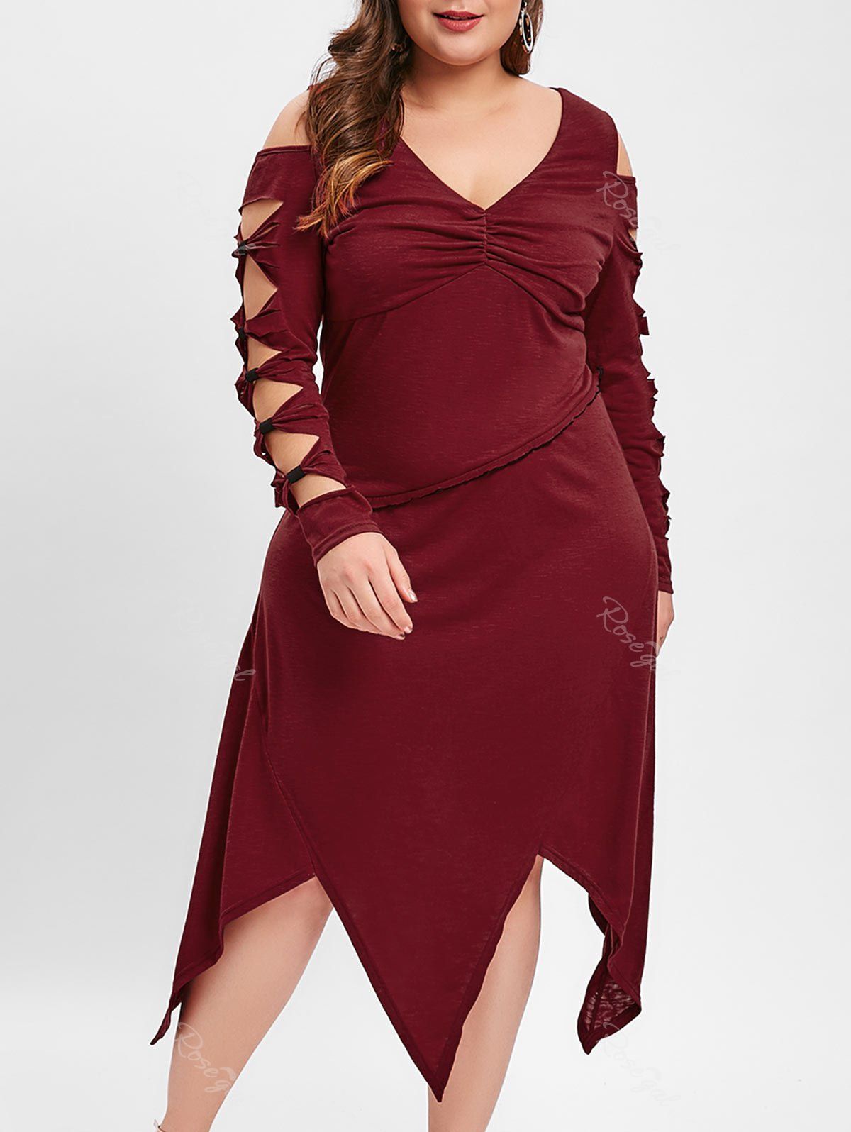 

Plus Size Cut Out Knotted Handkerchief Dress, Red wine