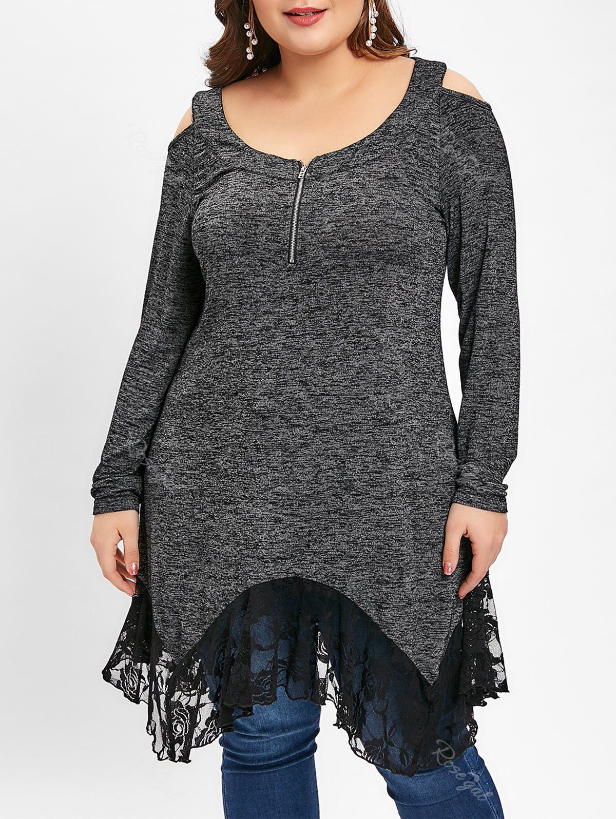 

Plus Size Lace Splicing Irregular Hem T-shirt, Black