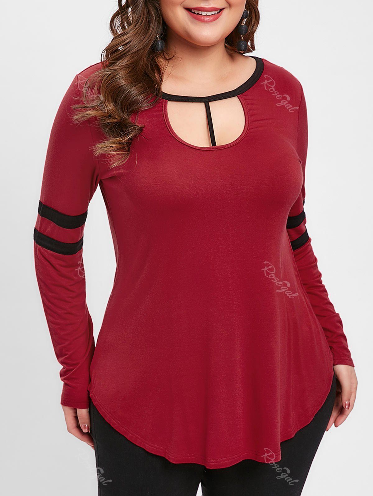 

Plus Size Hit Color T Shaped Cut Out T-shirt, Red