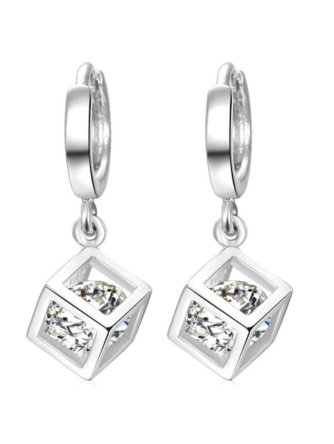 

Hollow Cube Decoration Faux Zircon Small Hoop Earrings, Silver