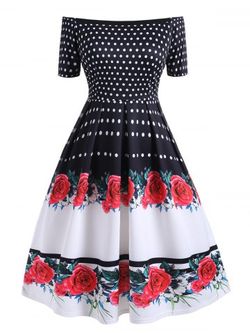 Plus Size Polka Dot Flower Off Shoulder Vintage Dress - BLACK - L