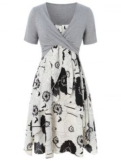Plus Size Print Layered Midi Dress With Criss Cross Crop Top - GRAY - 1X