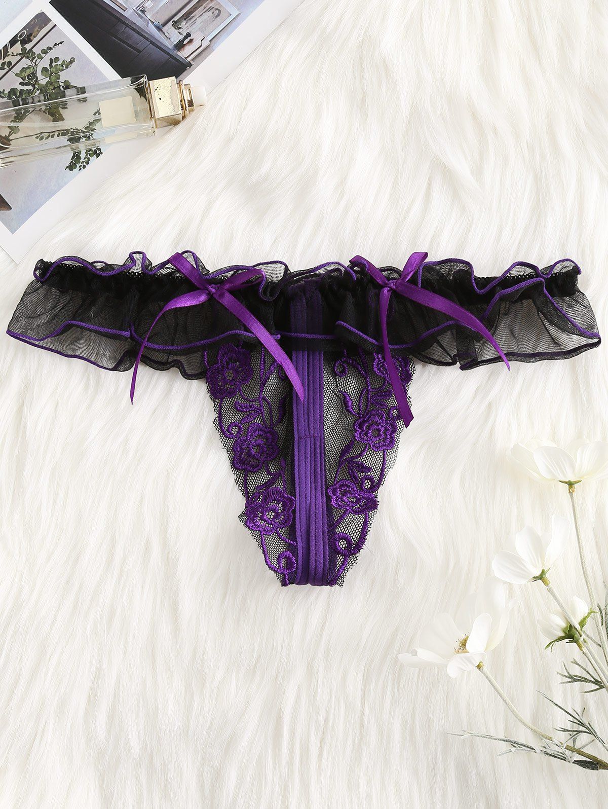 

Bowknot Flower Embroidered Ruffle T-back, Purple flower