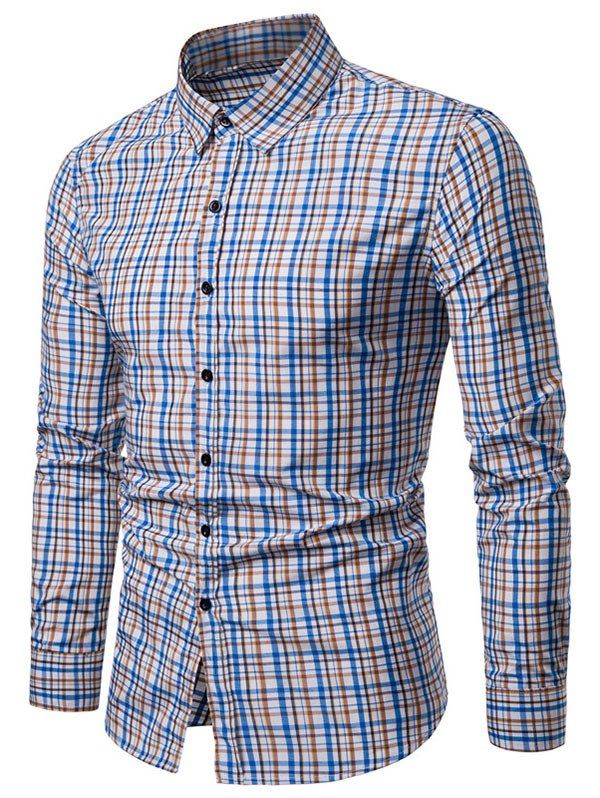 

Checked Print Turndown Collar Button Up Shirt, Blue