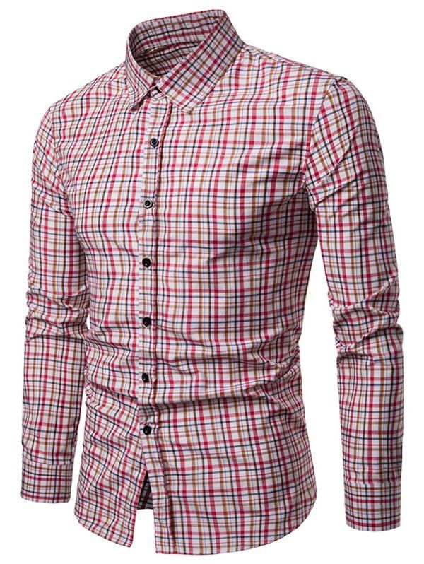 

Checked Print Turndown Collar Button Up Shirt, Watermelon pink